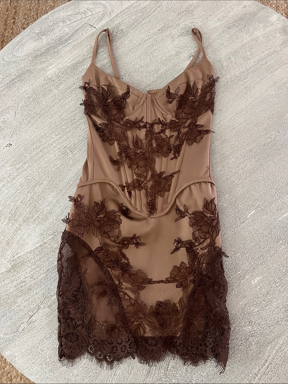 EGO Nude Slip Dress with Brown Floral Lace